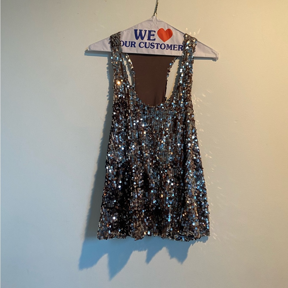 Brown Sequin Razorback Tank Top Babydoll Blouse, Holiday Forever 21 size Medium
